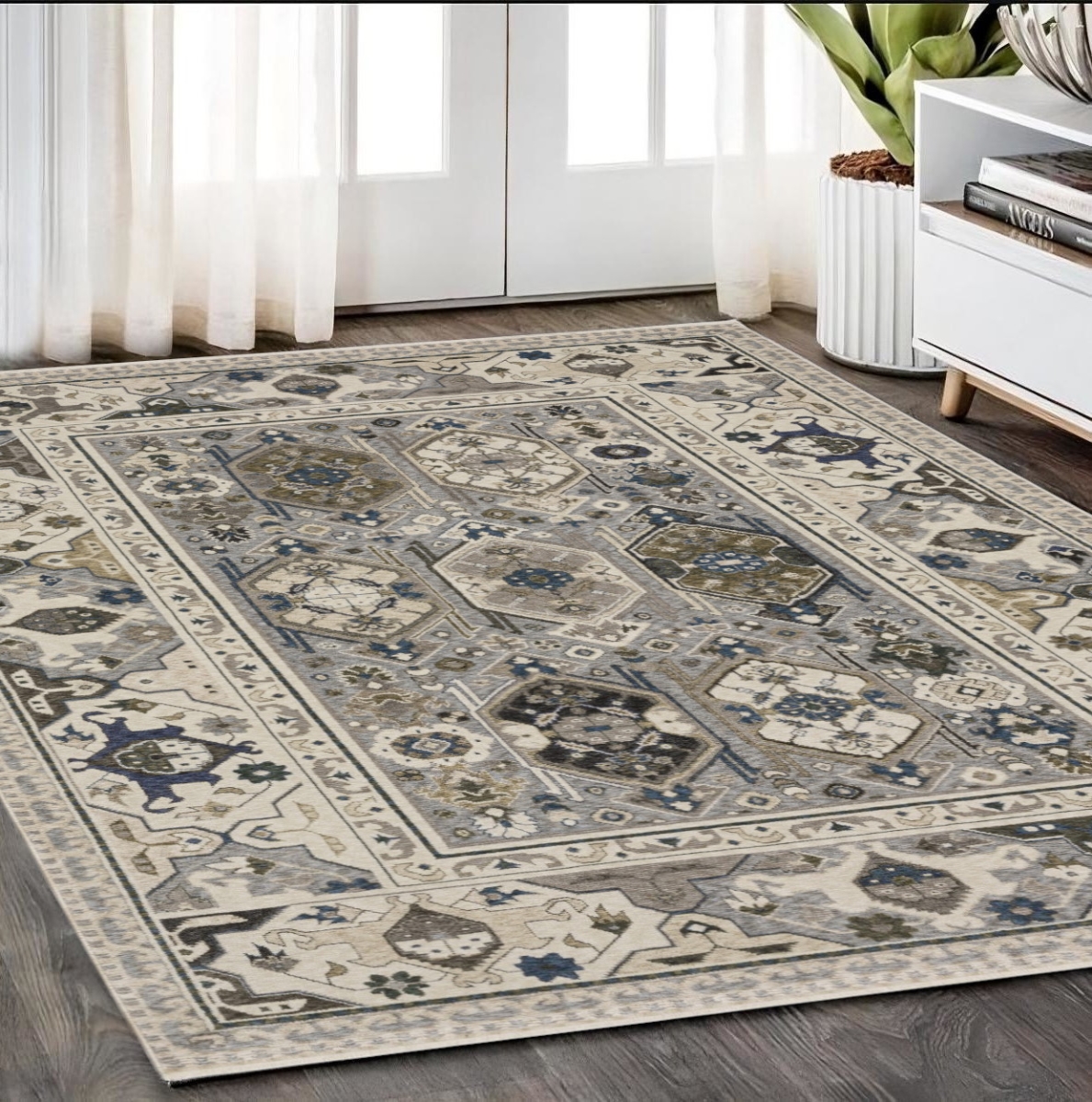 574942 5 x 8 ft. Oriental Rectangle Area Rug with Fringe, Ivory & Blue
