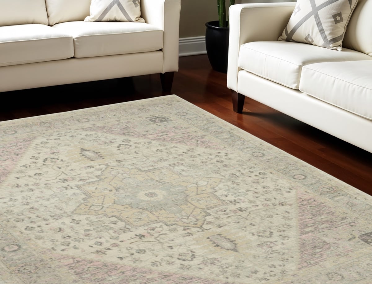 551162 8 x 10 ft. Floral Medallion Distressed Rectangle Area Rug, Ivory, Pink & Gray