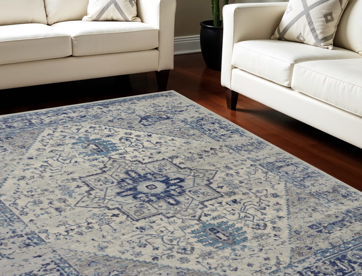 551164 8 x 10 ft. Floral Medallion Distressed Rectangle Area Rug, Ivory & Light Blue