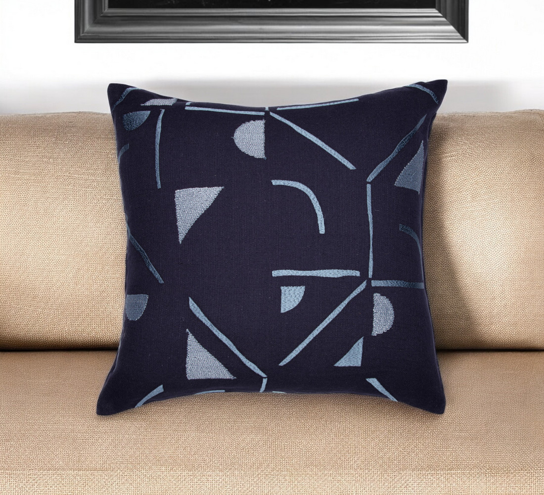 549418 20 in. Blue Geometric Cotton Blend Throw Pillow with Embroidery