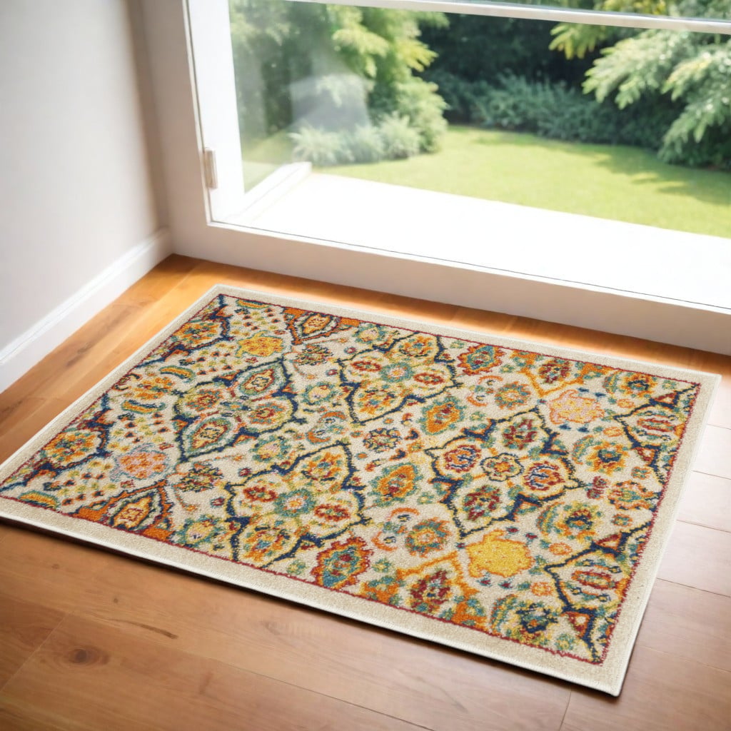 554915 3 x 5 ft. Floral Power Loom Rectangle Area Rug, Beige & Blue