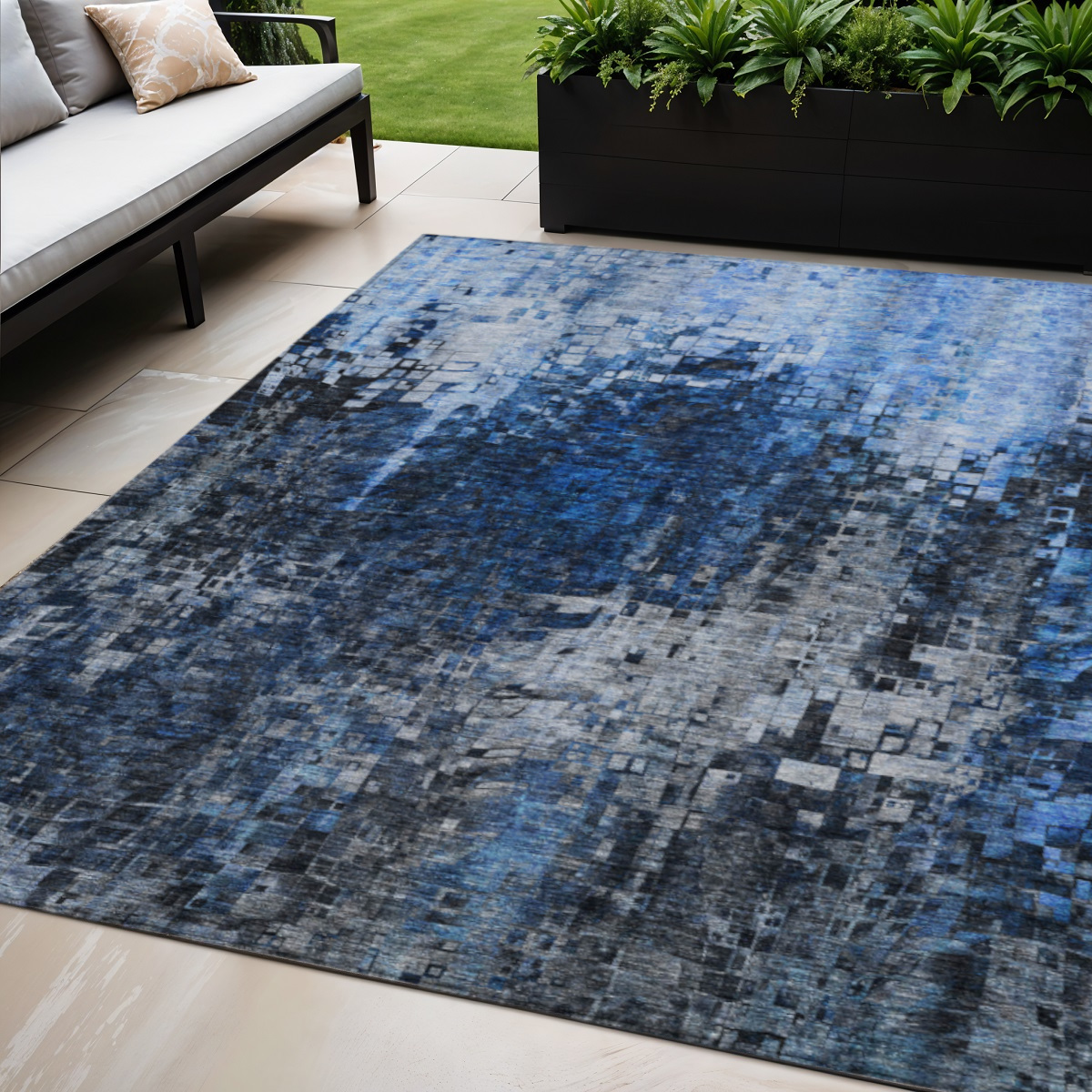 577230 5 x 8 ft. Abstract Washable Indoor & Outdoor Rectangle Area Rug, Navy Blue & Denim Blue