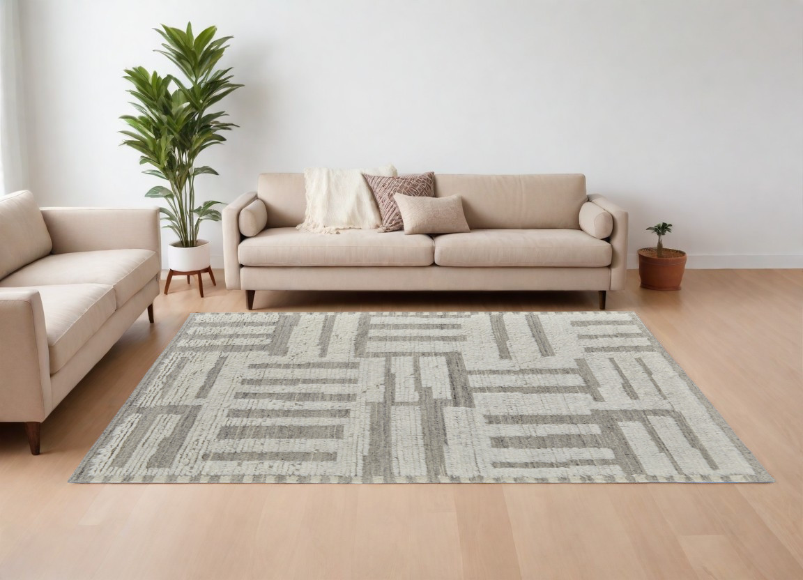 Picture of HomeRoots 566557 9 x 13 ft. Wool Geometric Hand Woven Rectangle Area Rug&#44; Gray & Ivory