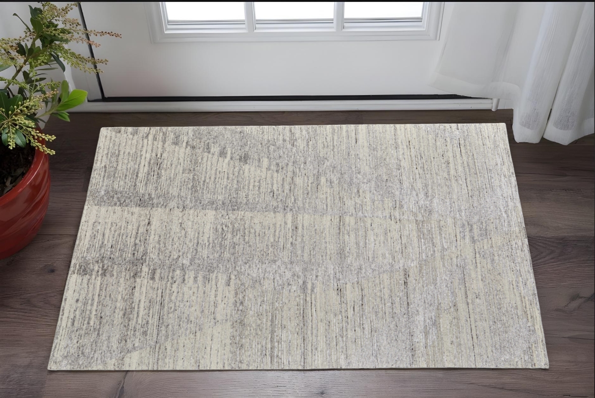566671 2 x 3 ft. Abstract Hand Knotted Worn Faded Rectangle Area Rug, Ivory & Gray