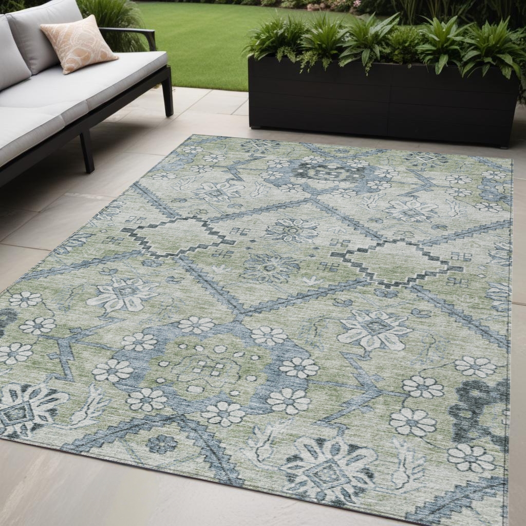 588853 5 x 8 ft. Floral Washable Indoor & Outdoor Rectangle Area Rug, Artichoke Green, Denim Blue & Silver