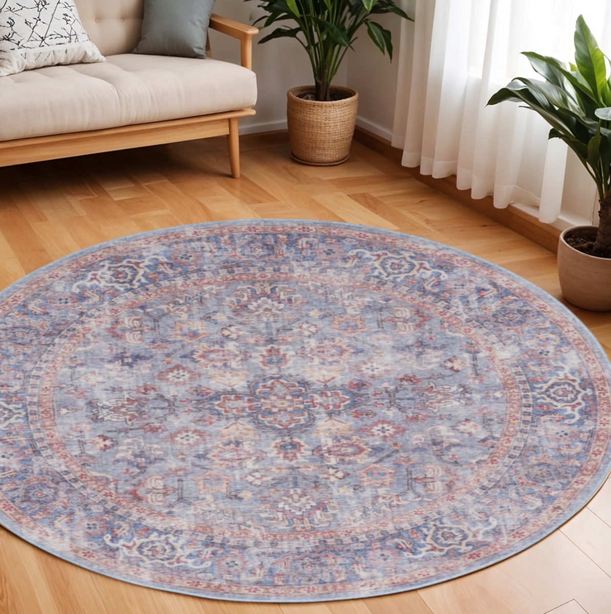 552341 8 ft. Round Floral Power Loom Distressed Area Rug, Blue & Red