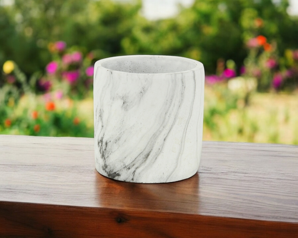 Marbleized Ceramic Round Planter - White & Gray - 6 in. - Indoor/Outdoor - Durable Design
