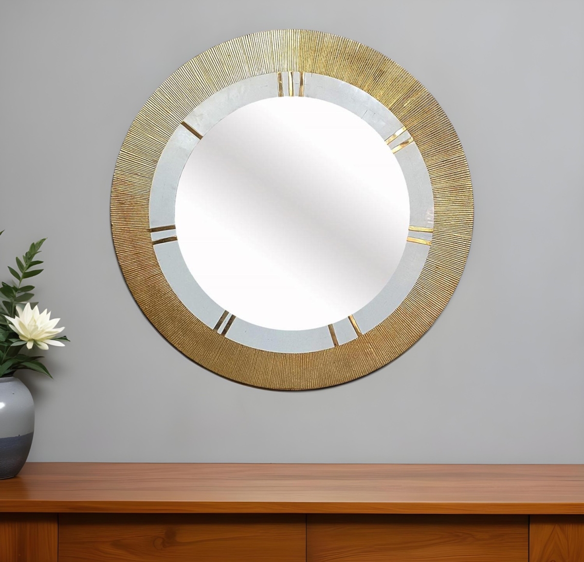 485062 36 in. Gold & White Round Aluminum Ribbed Edge Framed Accent Mirror