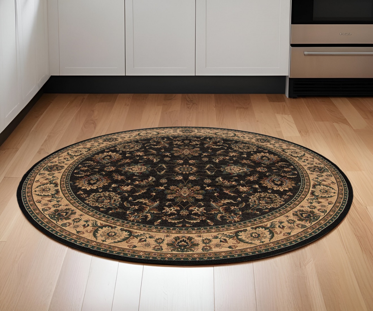 574179 6 ft. Oriental Power Loom Round Rug, Black & Ivory