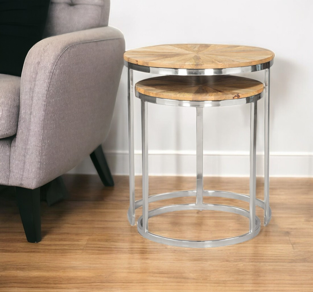 576792 Natural & Silver Solid Wood & Iron Round Frame Nested Tables - Set of 2