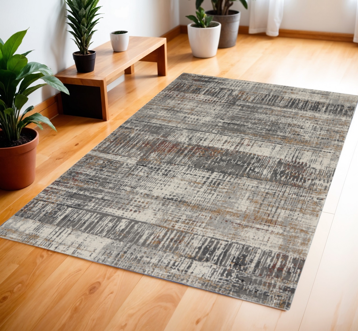 Abstract Rectangle Area Rug - Ivory Gray & Golden Brown - 4 x 6 ft - Durable Design