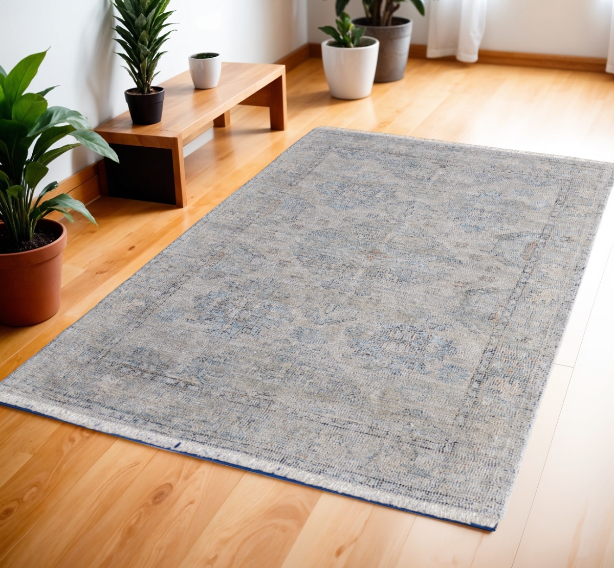 Hand Woven 4x6 ft. Distressed Area Rug - Gray Blue & Taupe - Handmade