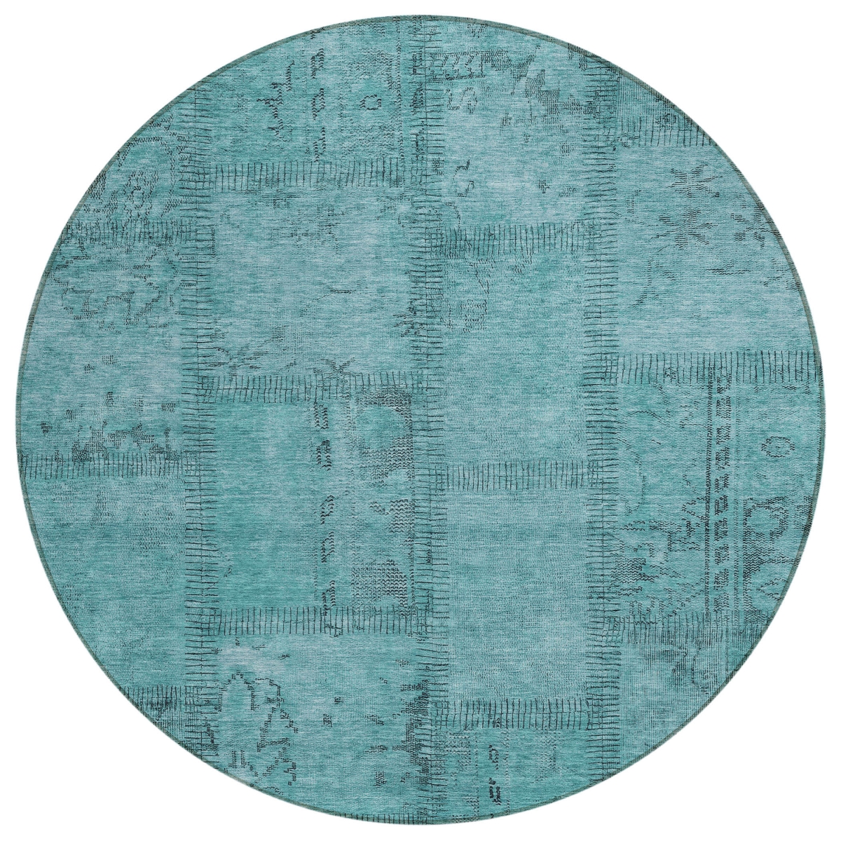 581619 8 ft. Round Patchwork Washable Indoor & Outdoor Area Rug, Teal Blue & Aqua