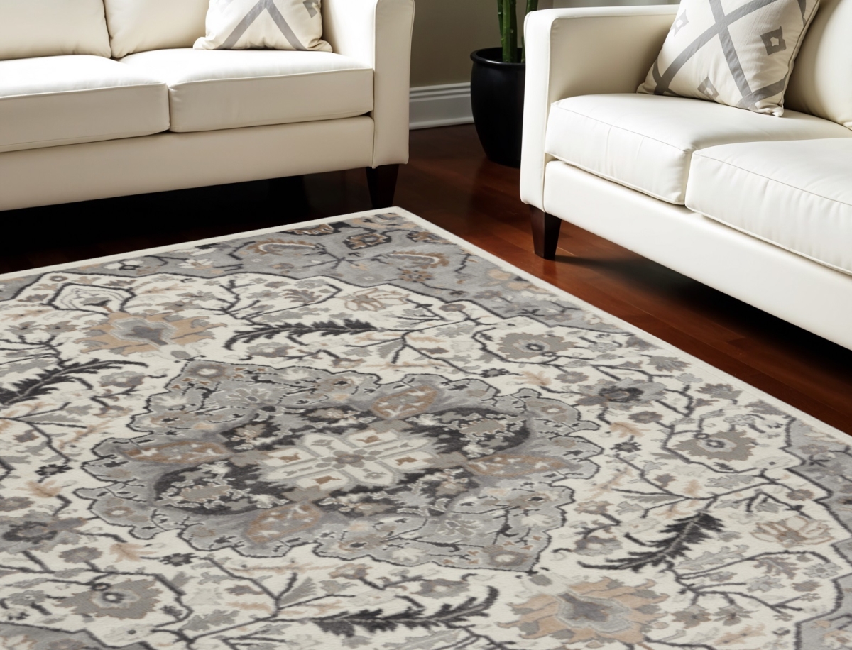 550166 6 x 9 ft. Floral Non Skid Rectangle Area Rug, Ivory, Black & Gray