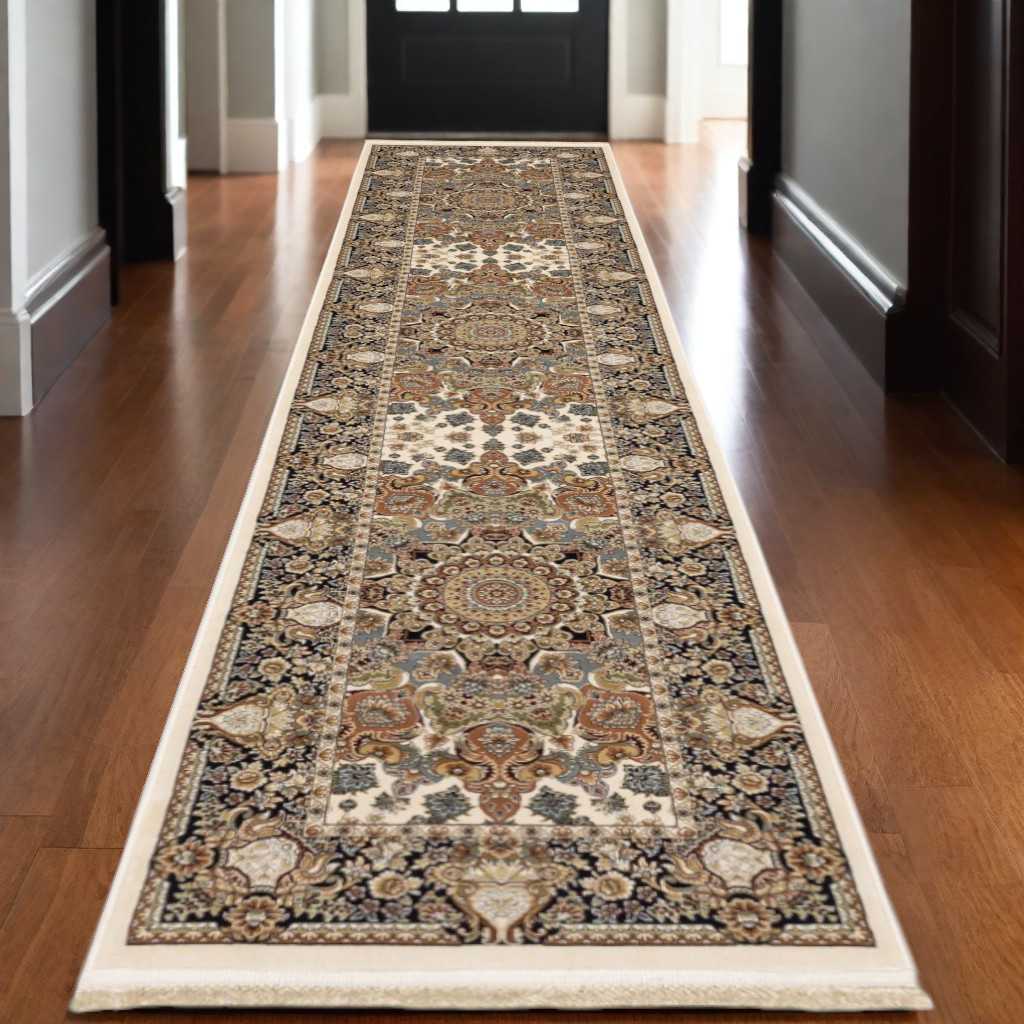 576080 10 ft. Medallion Runner Rug with Fringe, Ivory, Brown & Black