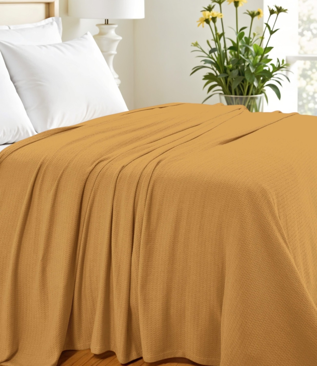 Picture of HomeRoots 549293 Twin Size Mustard Cotton Waffle Weave Honeycomb Blanket