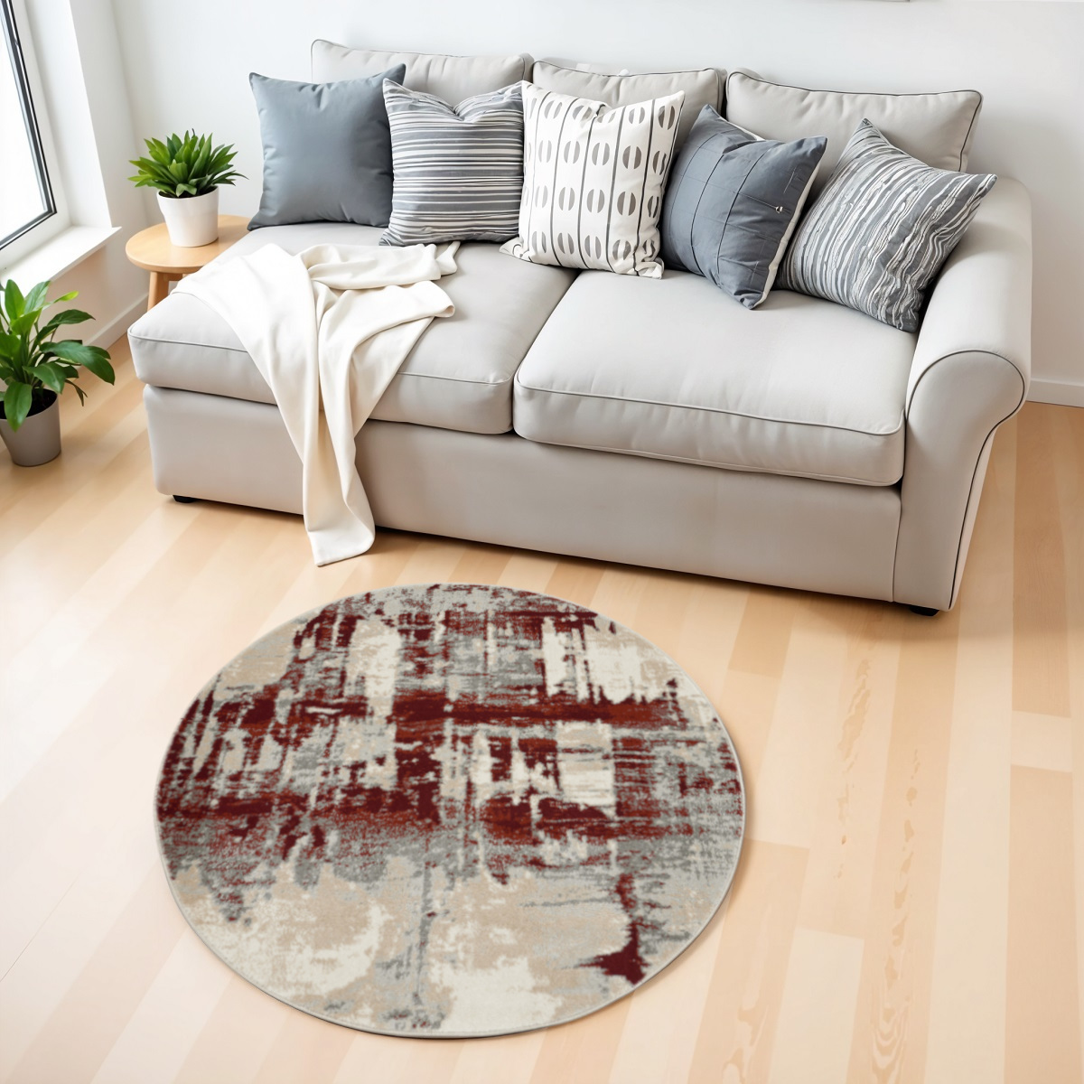 552465 4 ft. Abstract Round Rug, Ivory, Red & Gray