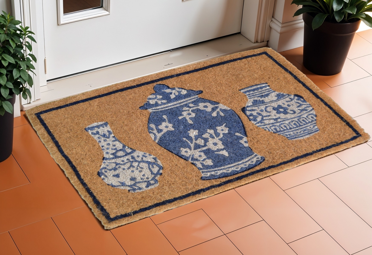 573920 20 x 30 in. Brown Blue & White Chinoiserie Coir Abstract Outdoor Door Mat