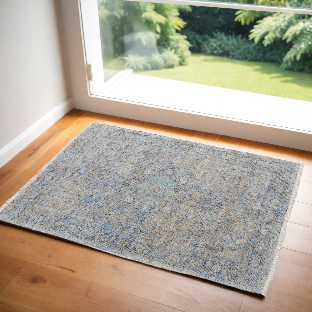 566192 2 x 3 ft. Abstract Hand Woven Distressed Rectangle Area Rug with Fringe, Gray, Blue & Tan