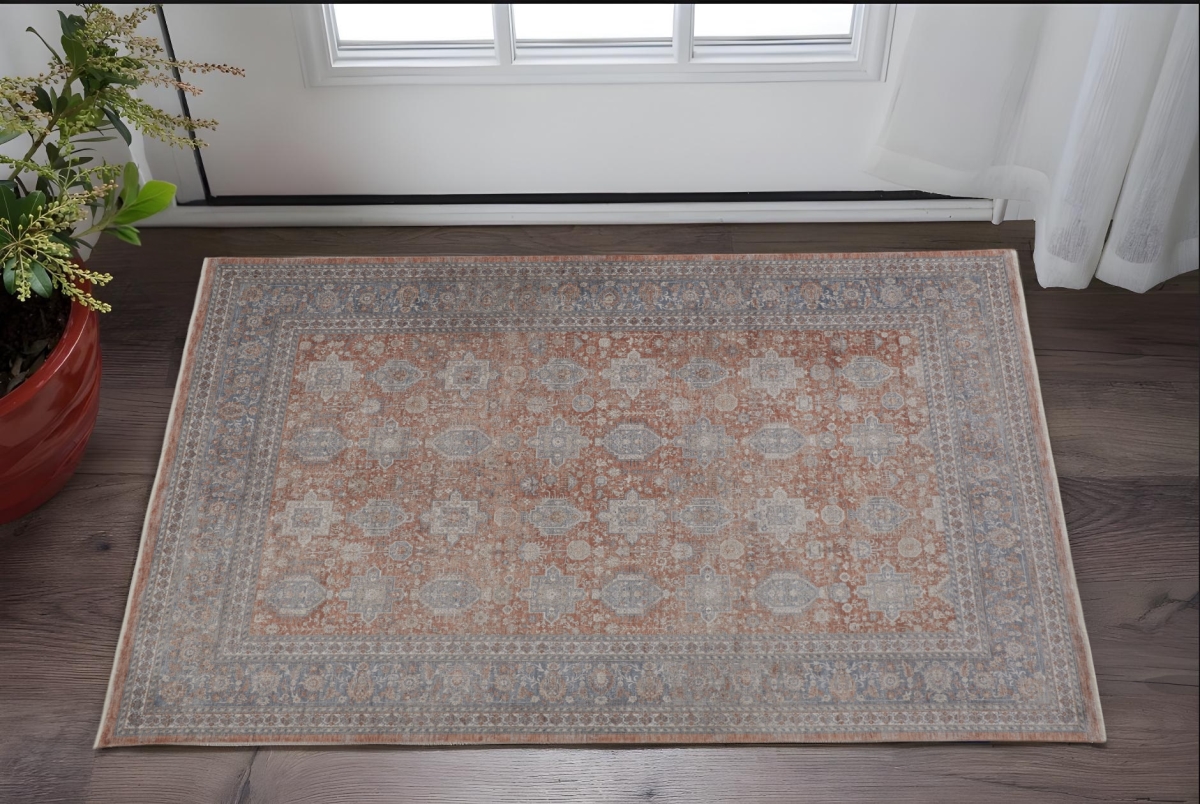 567439 2 x 3 ft. Oriental Power Loom Worn Faded Rectangle Area Rug with Fringe, Blue & Red