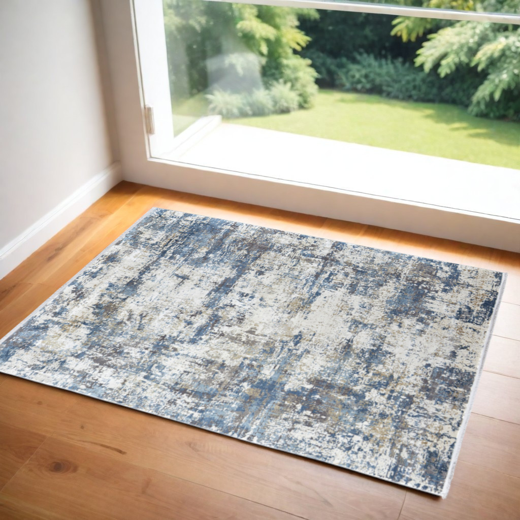 566041 2 x 3 ft. Abstract Power Loom Rectangle Area Rug with Fringe, Ivory, Tan & Blue