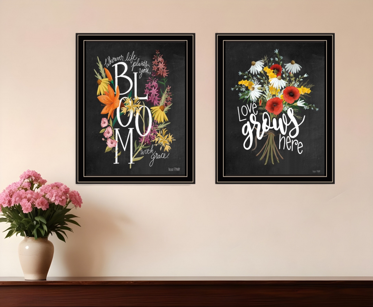 407972 Horizontal Love Grows Here Black Framed Print Wall Art - Set of 2