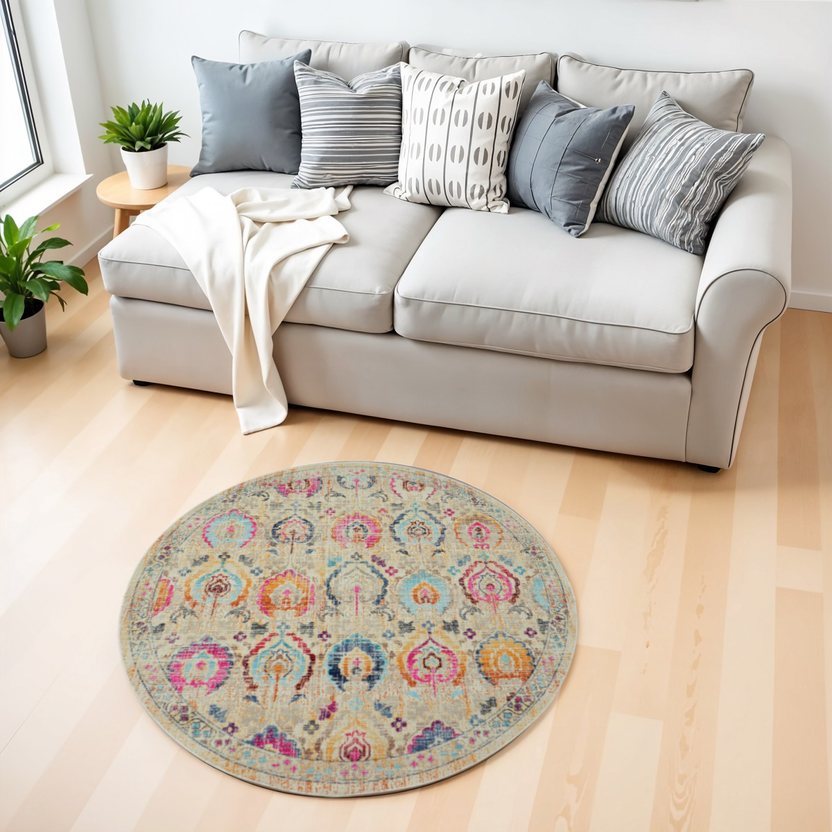 552452 4 ft. Floral Distressed Round Rug, Ivory, Pink & Orange