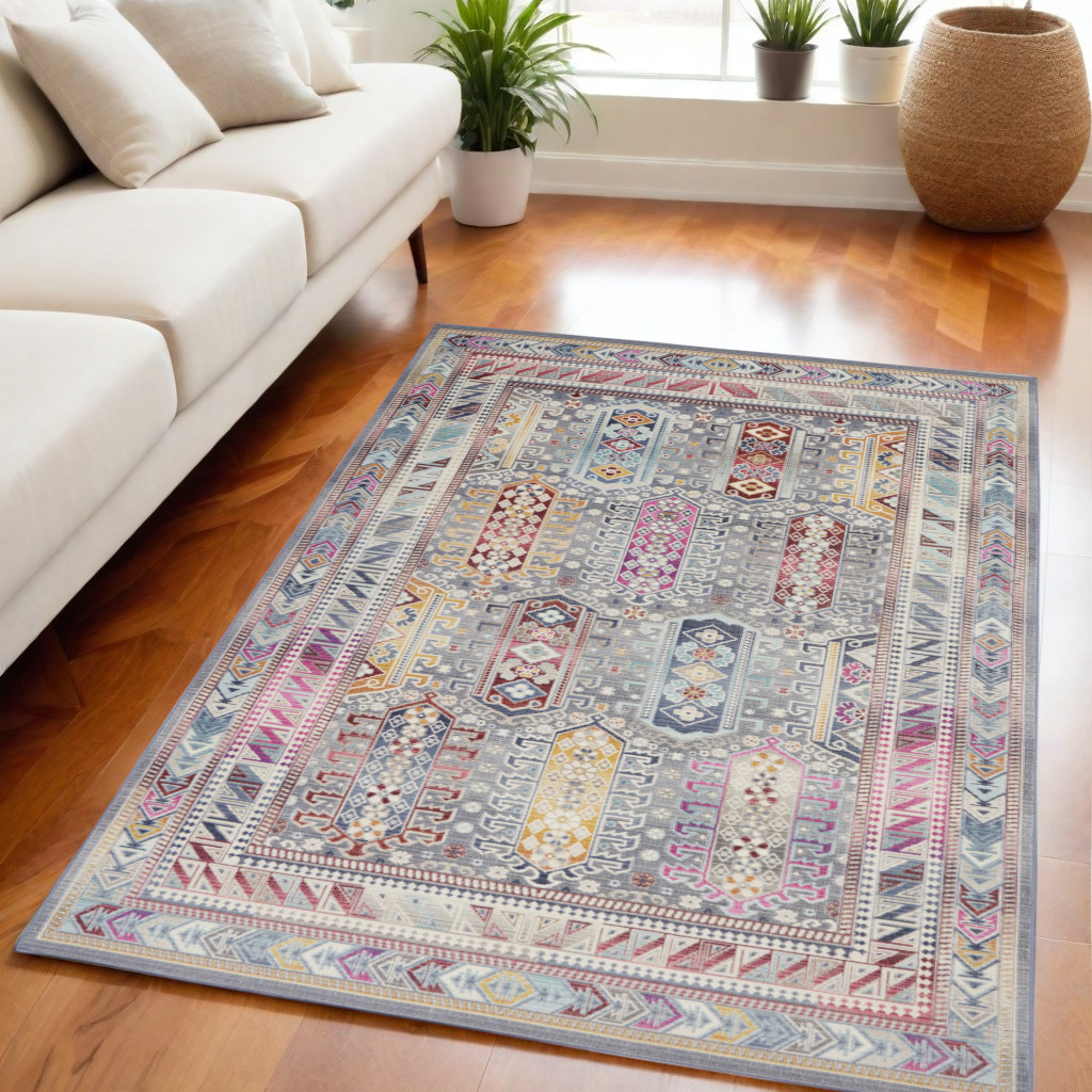 552697 5 x 8 ft. Floral Distressed Rectangle Area Rug, Ivory, Gray & Red