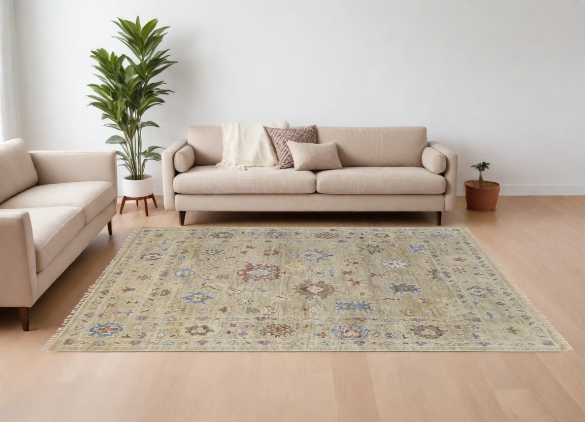 567140 9 x 12 ft. Tan Brown & Blue Wool Floral Hand Knotted Rectangle Area Rug with Fringe