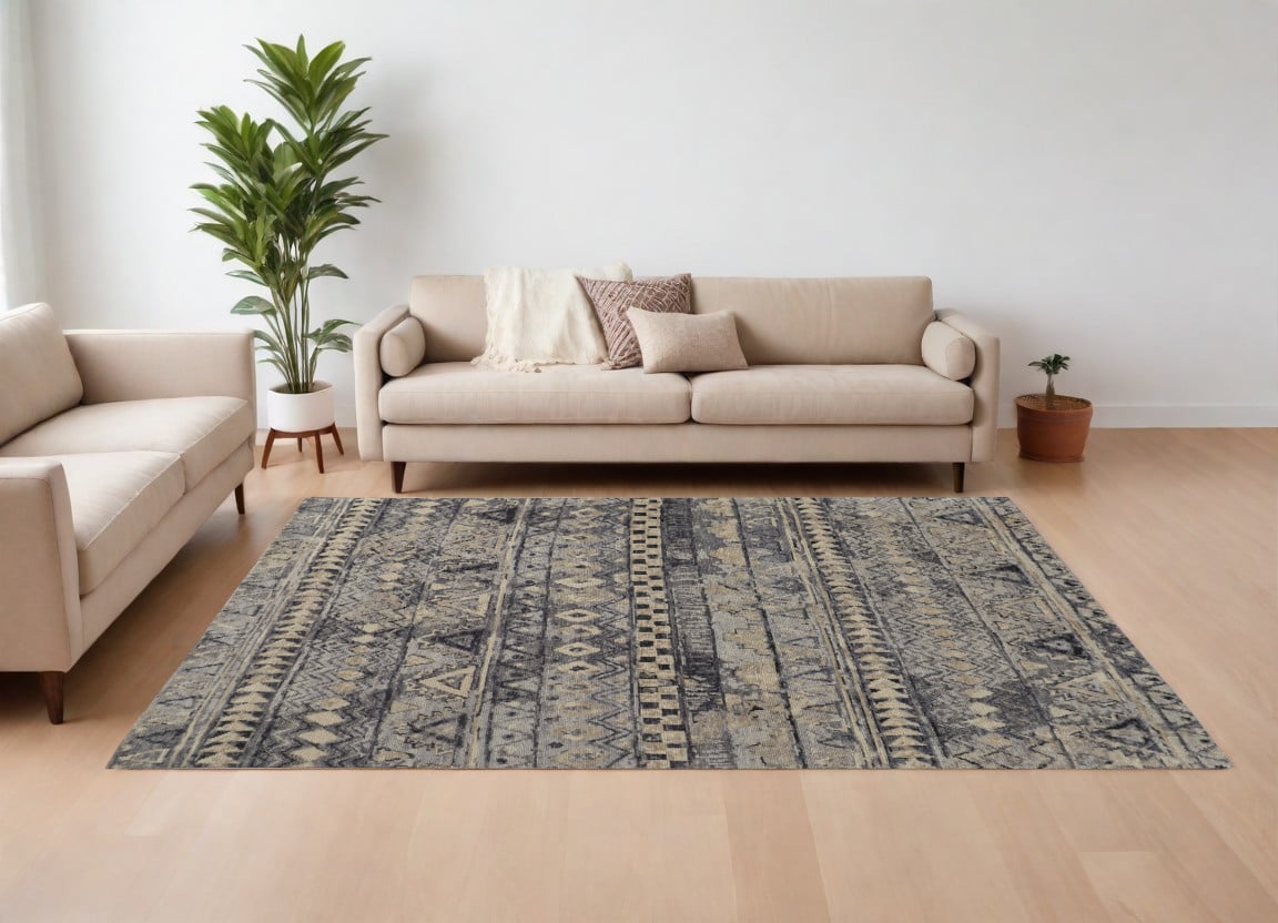 567533 6 x 9 ft. Wool Geometric Hand Knotted Rectangle Area Rug, Taupe, Gray & Tan