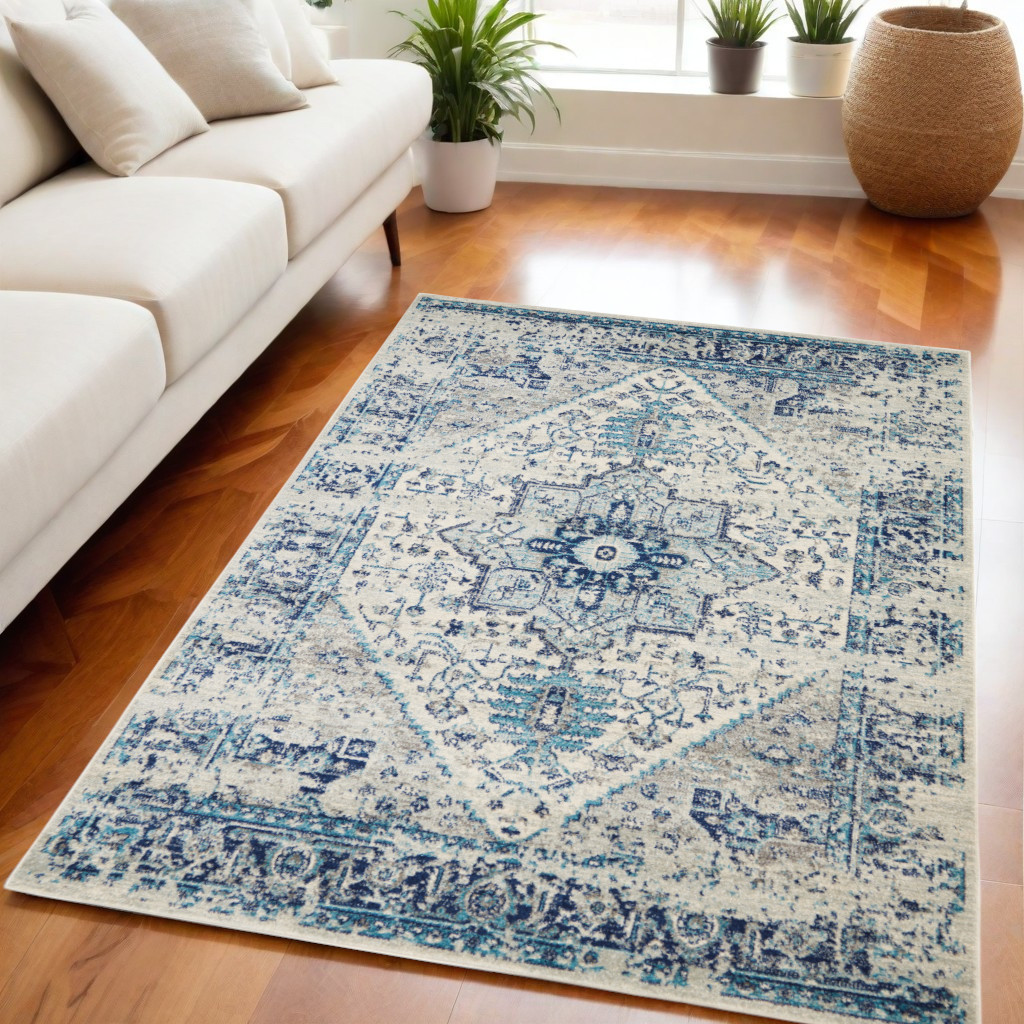 550895 5 x 7 ft. Floral Medallion Distressed Rectangle Area Rug, Ivory & Light Blue