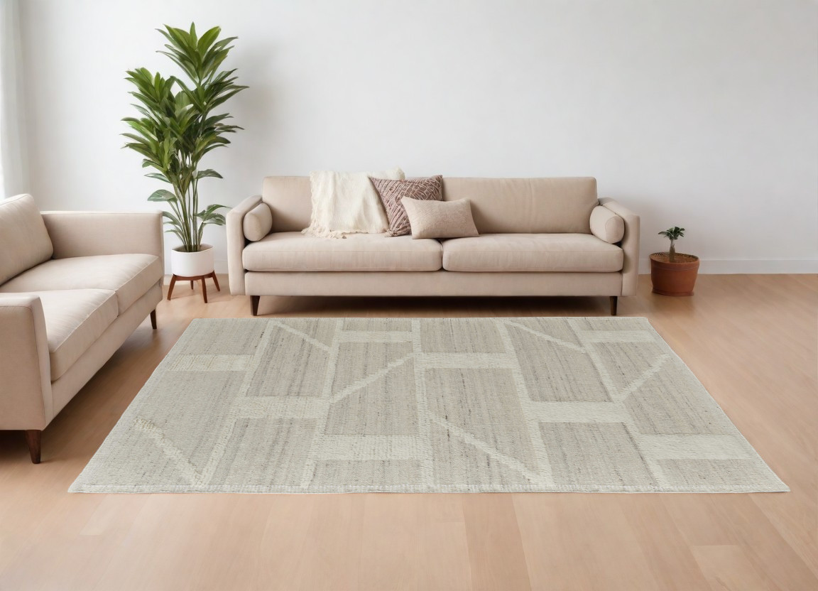 Picture of HomeRoots 566548 8 x 12 ft. Wool Geometric Hand Woven Rectangle Area Rug&#44; Tan & Ivory