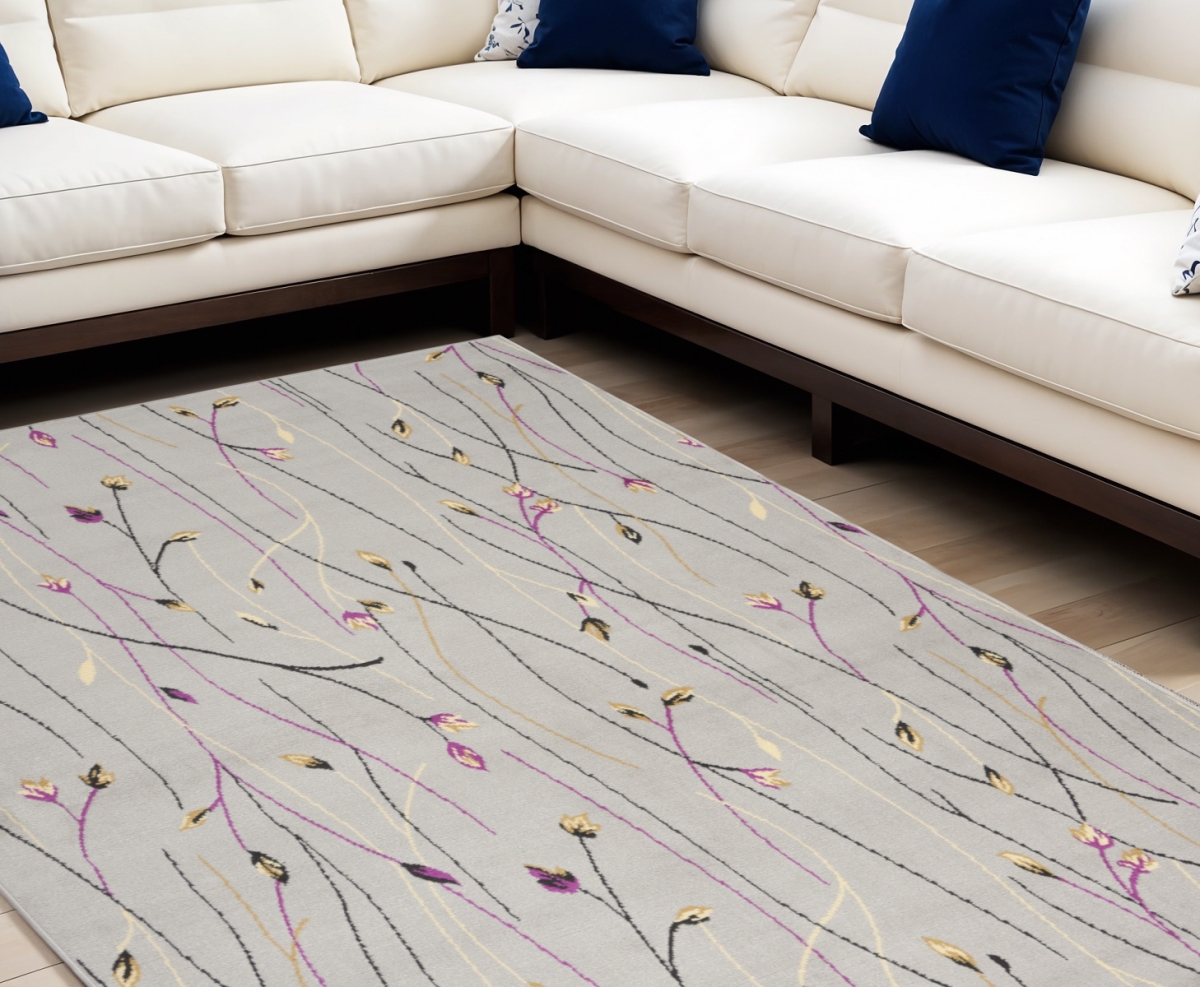 545385 8 x 10 ft. Floral Power Loom Rectangle Area Rug, Gray & Pink