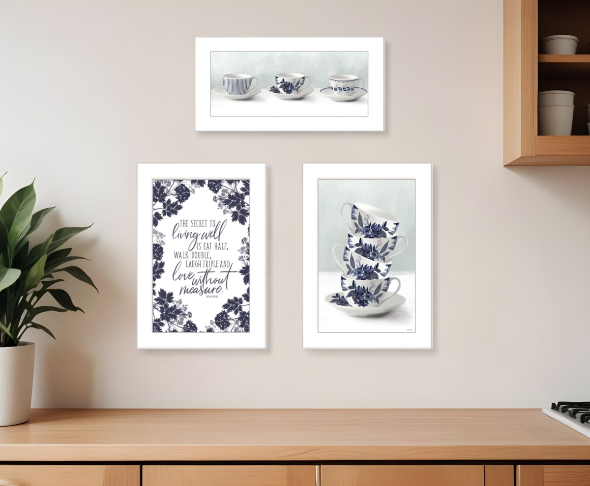 408191 Tea Tower with Cups & Sauces White Framed Print Kitchen Wall Art - Set of 3