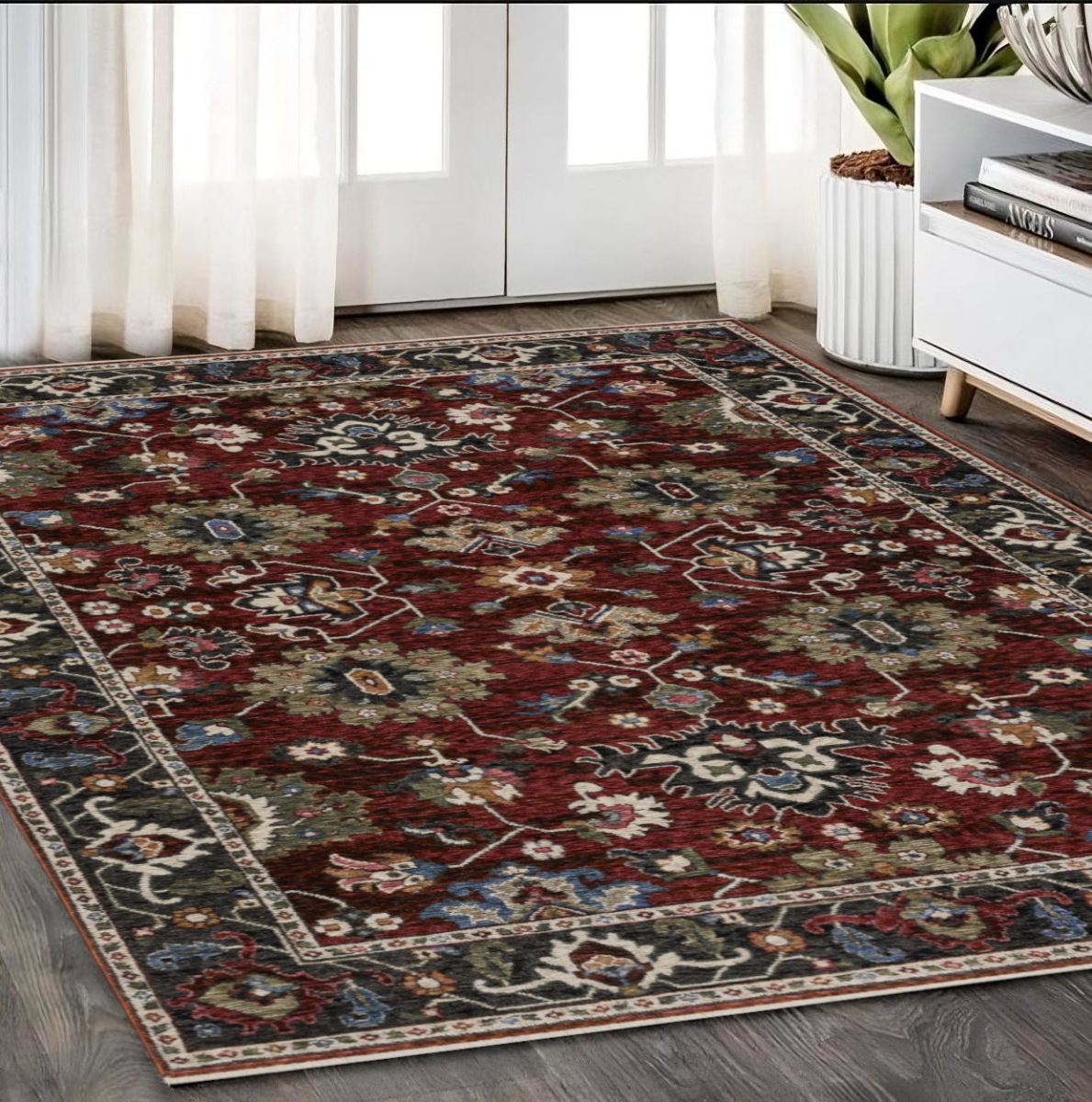 574908 5 x 8 ft. Oriental Rectangle Area Rug with Fringe, Red, Blue & Charcoal