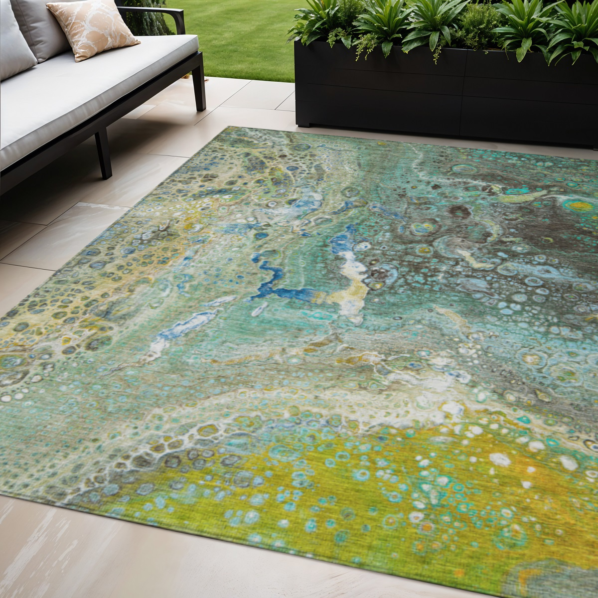 577434 5 x 8 ft. Abstract Washable Indoor & Outdoor Rectangle Area Rug, Teal Blue, Lime Green & Green