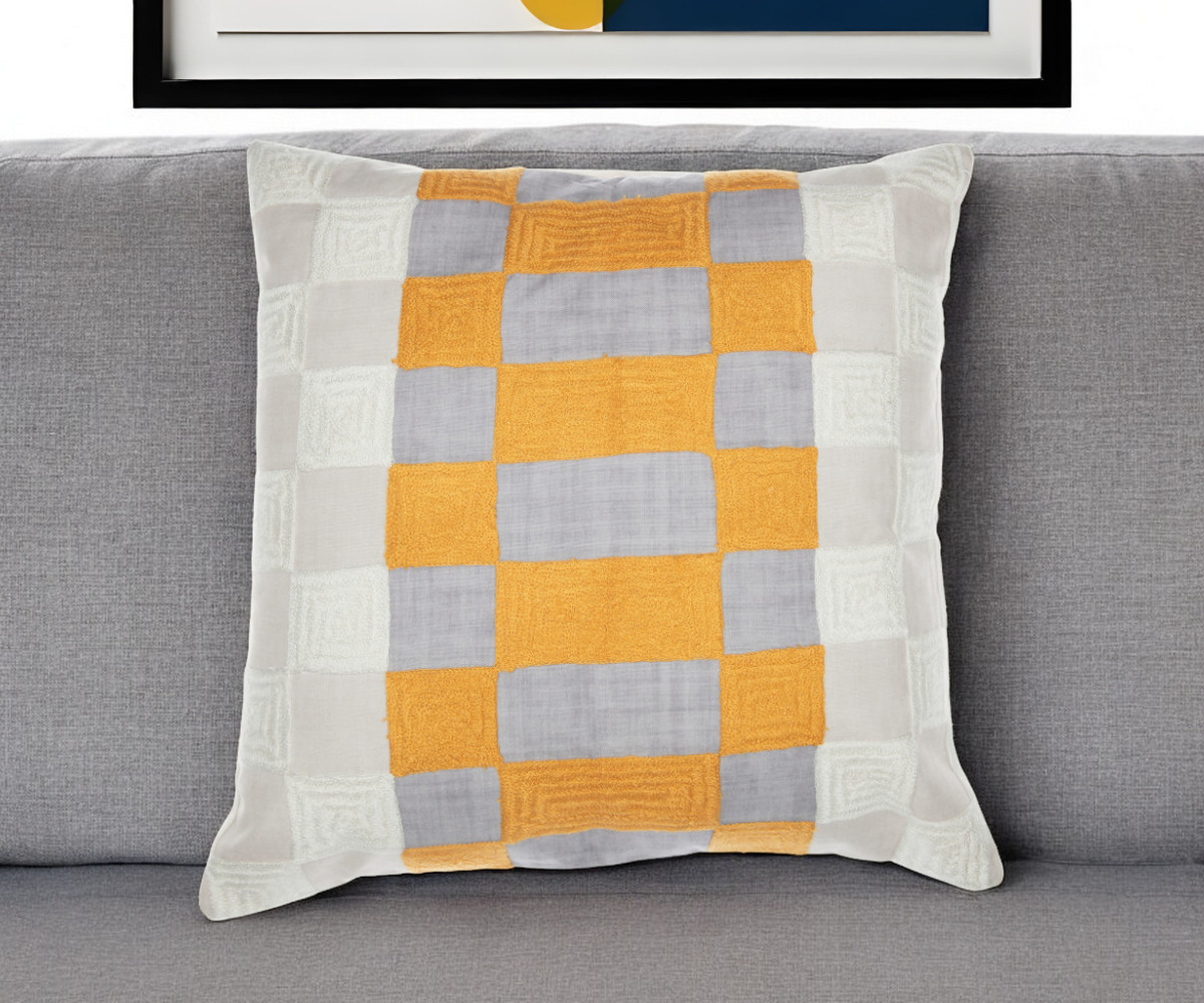 Yellow & Gray Check Throw Pillow - 20 in. - Soft Polyester with Zipper