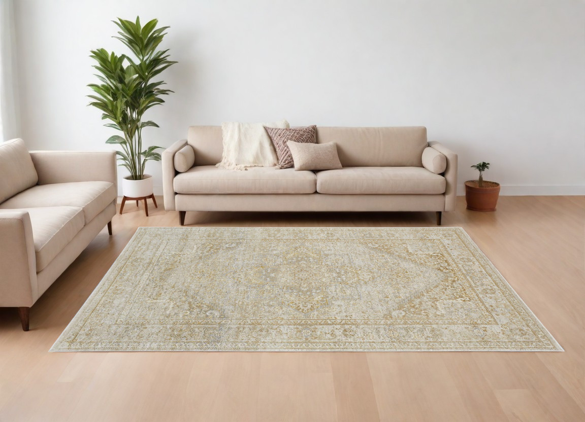 566578 8 x 10 ft. Oriental Power Loom Rectangle Area Rug, Ivory & Gold