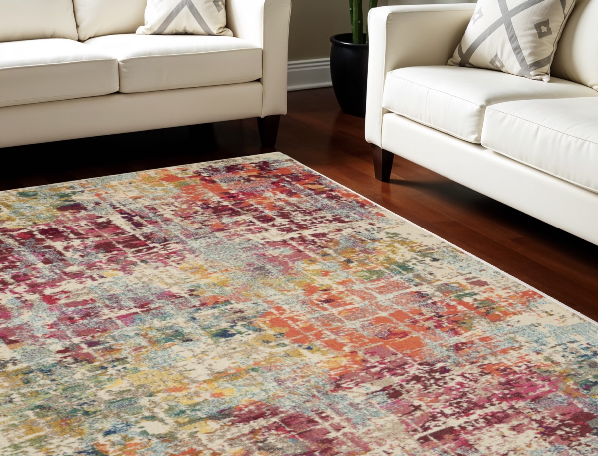 550745 7 x 10 ft. Abstract Distressed Non Skid Rectangle Area Rug, Ivory, Red & Pink