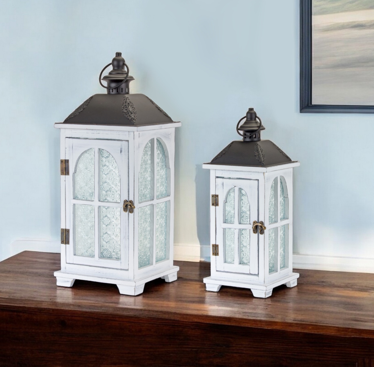 Picture of HomeRoots 517616 White & Black Glass Wood & Metal Ornate Floor Lantern Candle Holders - Set of 2