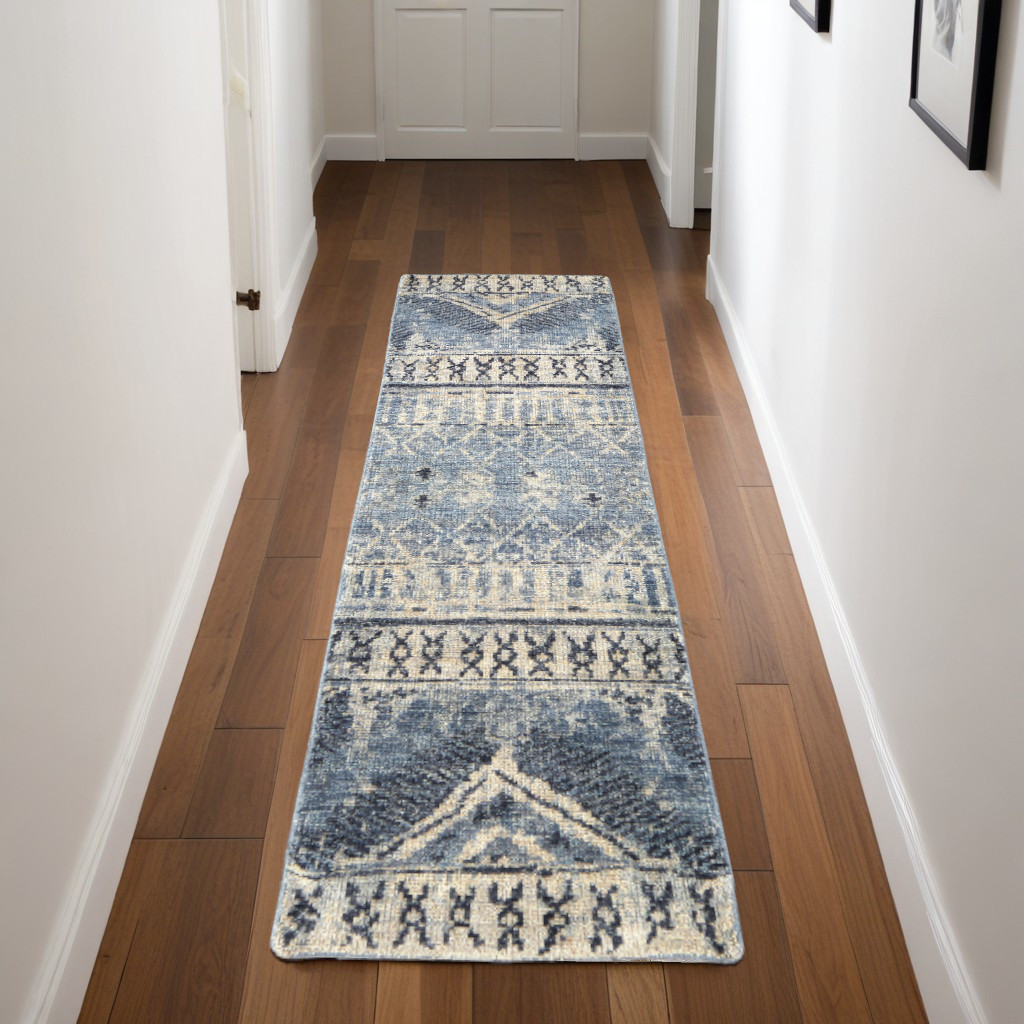 567520 8 ft. Wool Floral Hand Knotted Runner Rug, Gray, Blue & Ivory