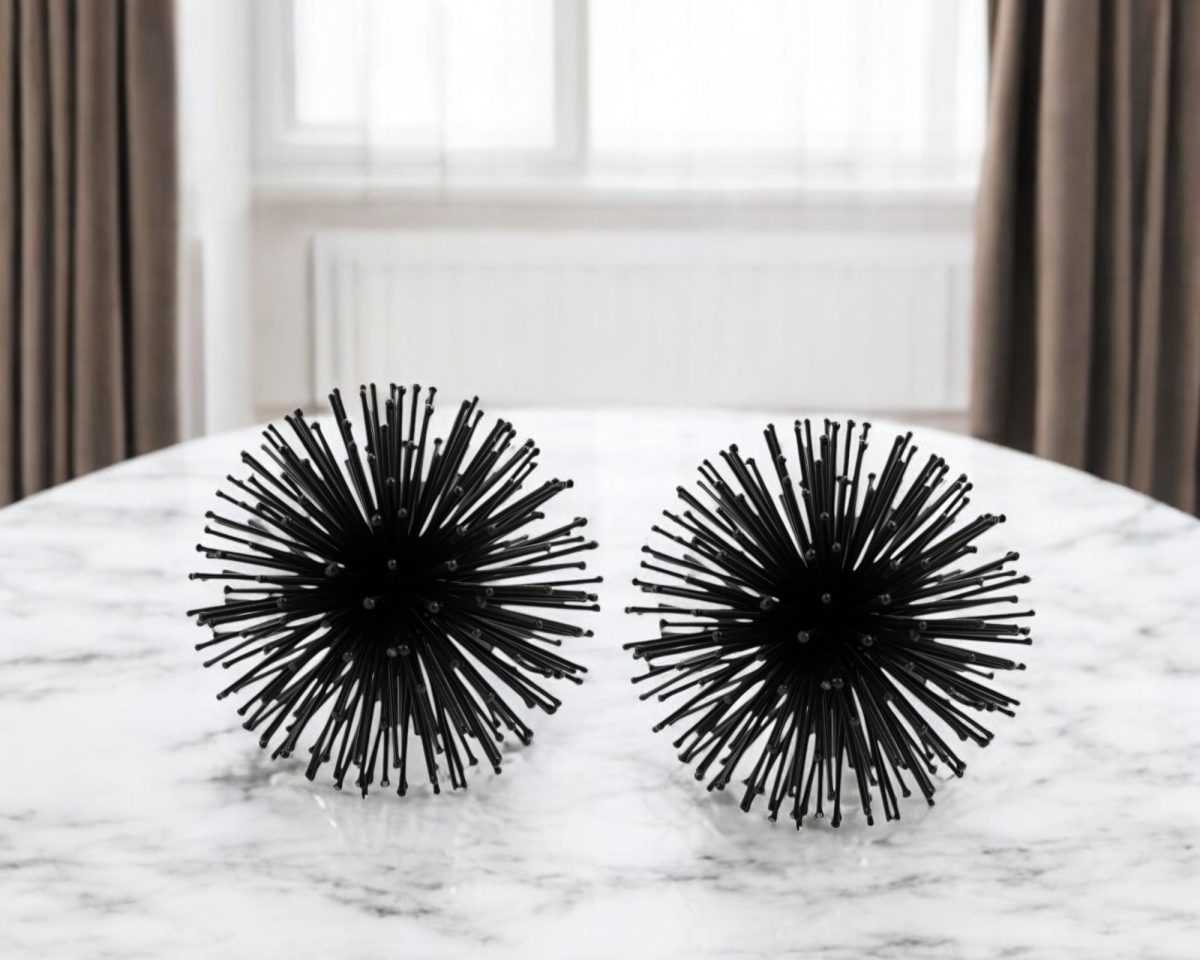 568889 Black Iron Decorative Spiky Sphere Tabletop Sculpture - Set of 2