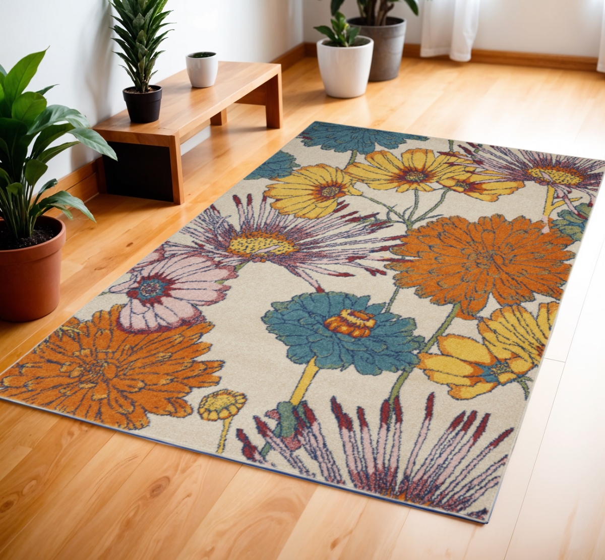 552739 4 x 6 ft. Floral Power Loom Rectangle Area Rug, Cream