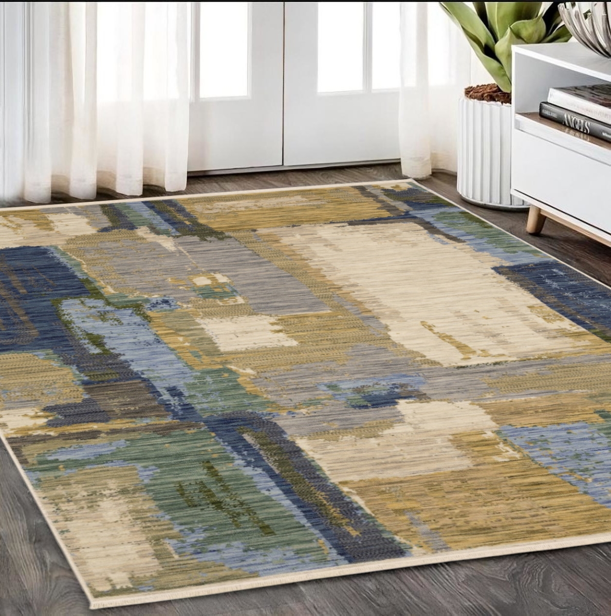 575666 5 x 8 ft. Abstract Rectangle Area Rug with Fringe, Blue & Green
