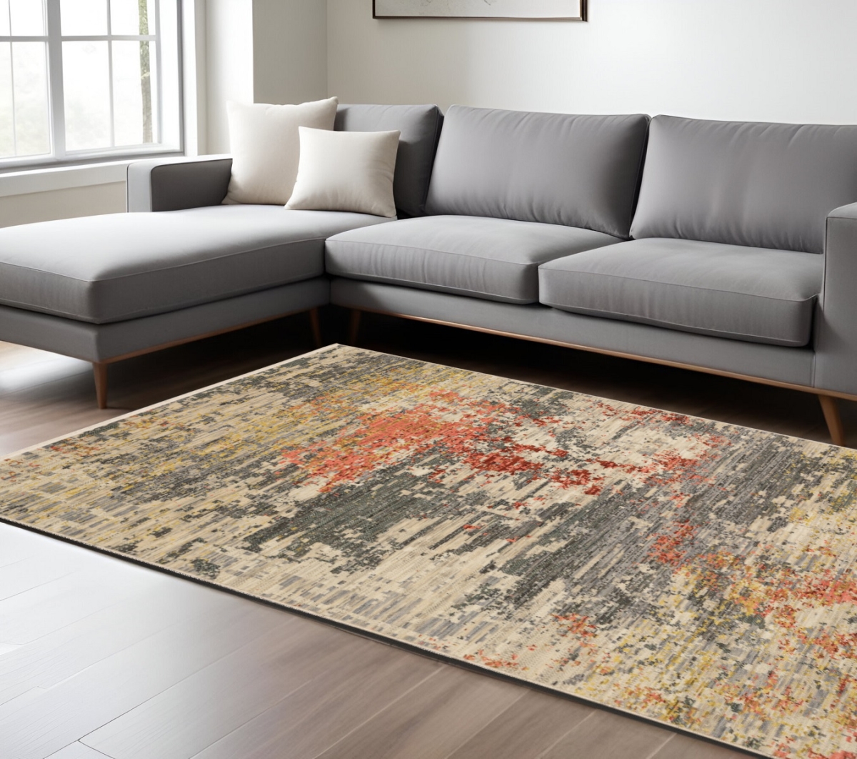 576484 8 x 11 ft. Abstract Rectangle Area Rug with Fringe, Beige & Pink