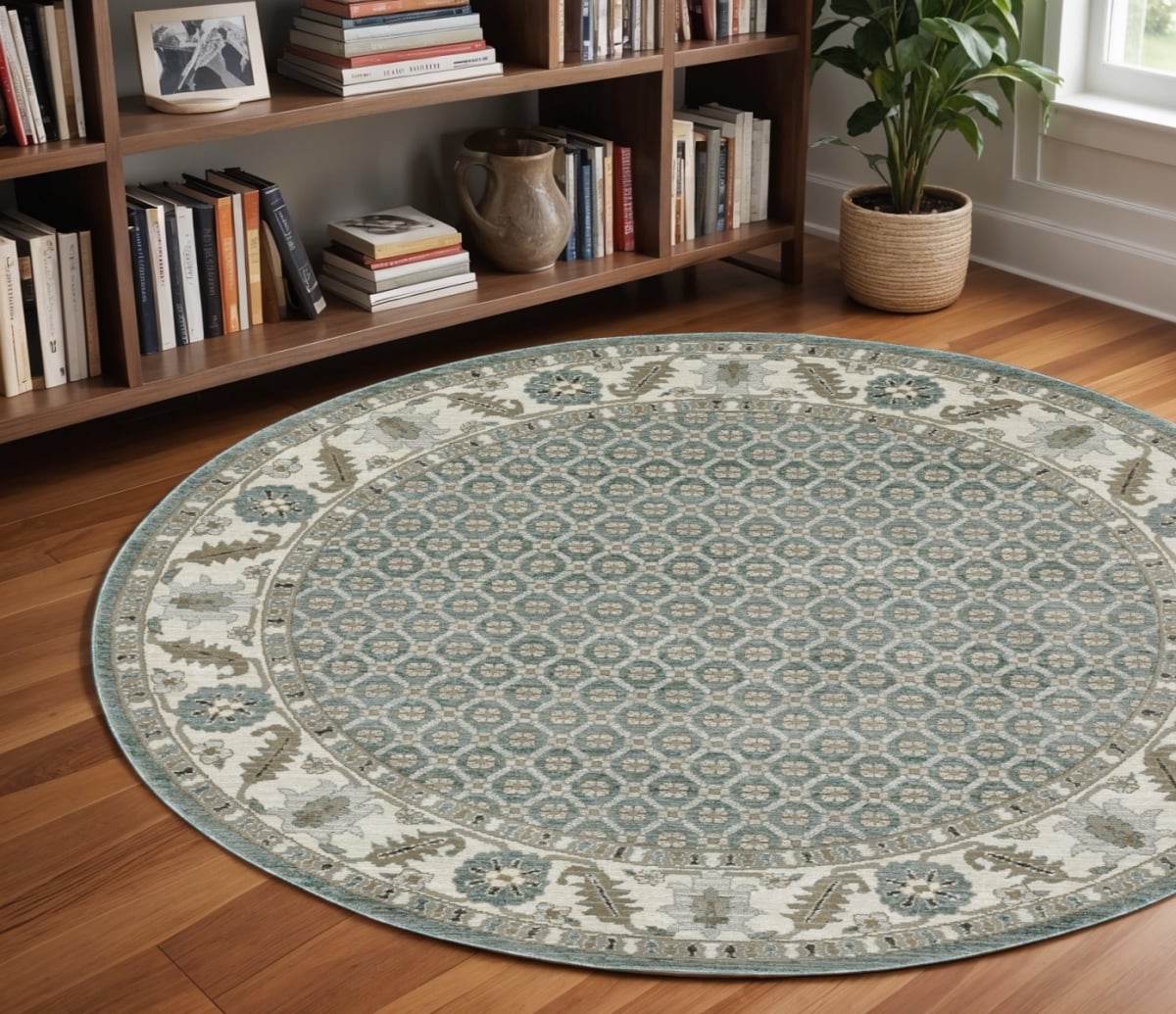 576119 8 ft. Oriental Power Loom Round Rug, Blue & Ivory