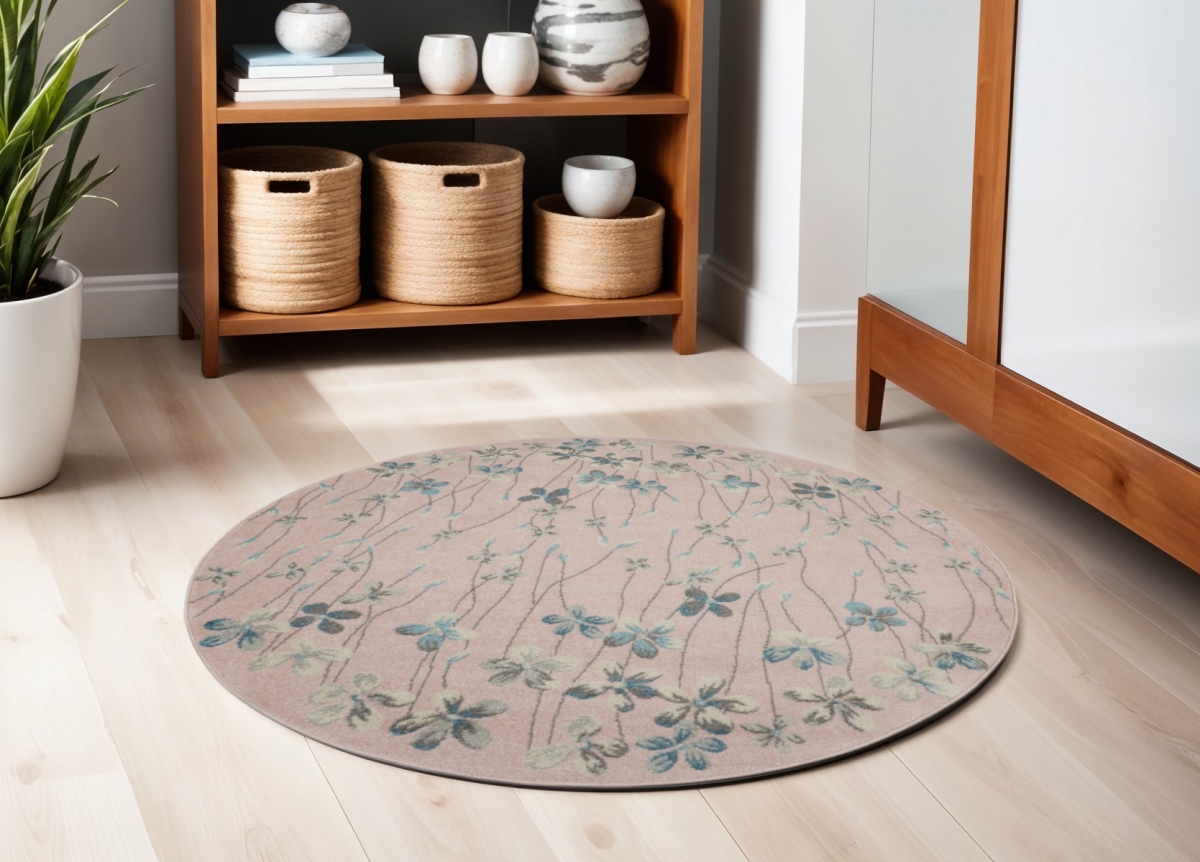 552398 5 ft. Botanical Leaves Round Rug - Pink Gray & Blue