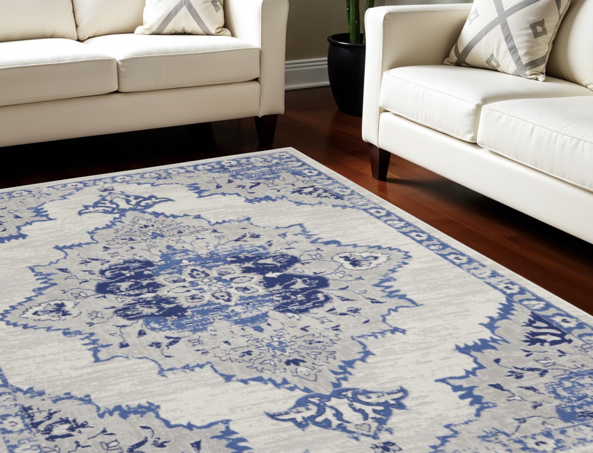 551405 8 x 12 ft. Floral Medallion Distressed Non Skid Rectangle Area Rug, Ivory & Blue