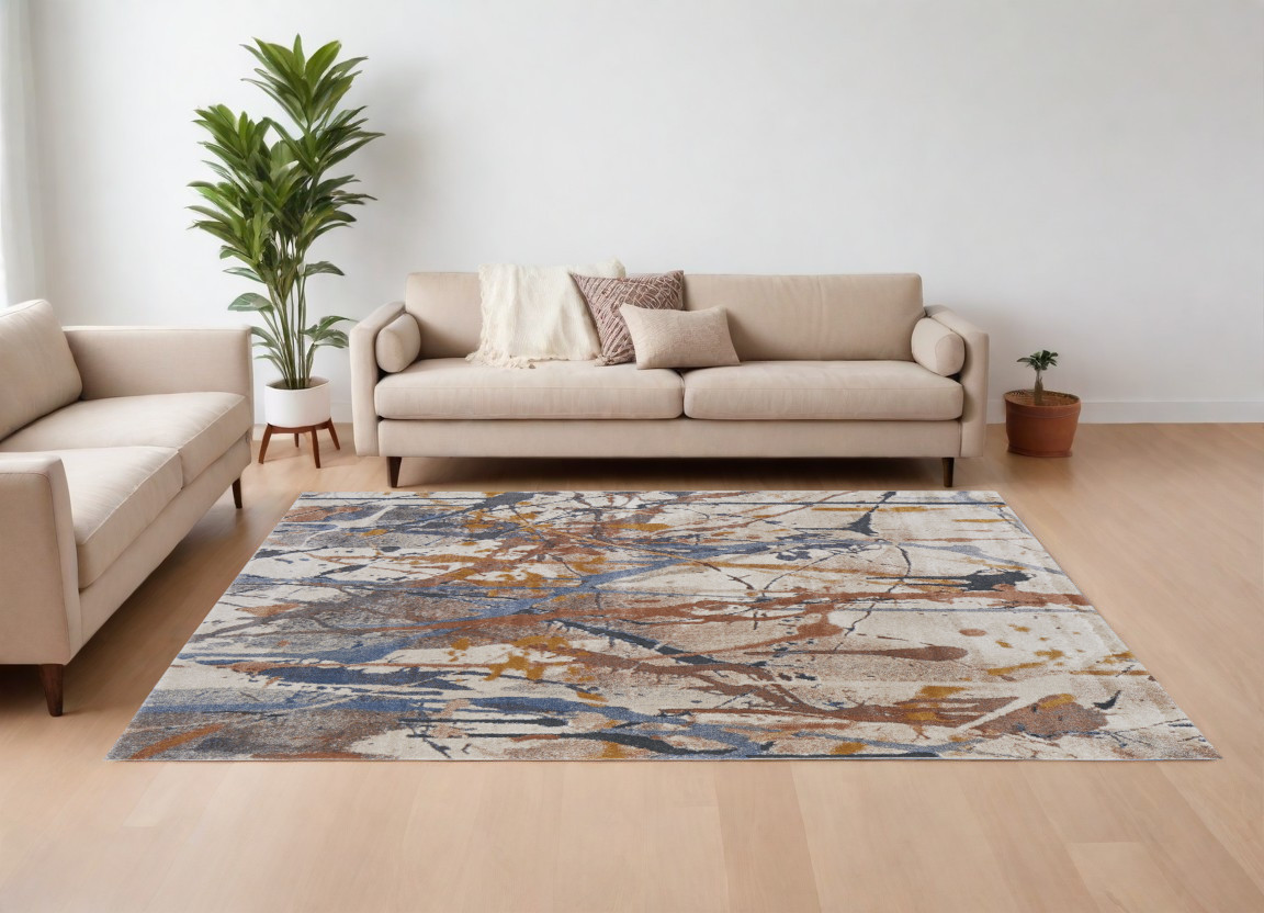 567229 8 x 10 ft. Abstract Power Loom Rectangle Area Rug, Ivory, Blue & Brown