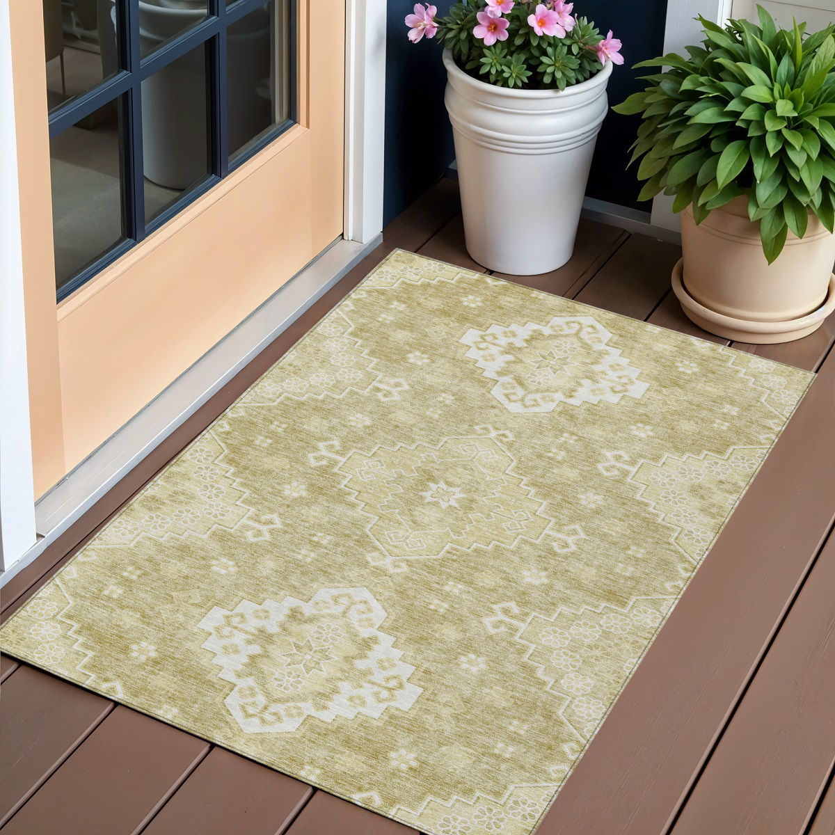 Picture of HomeRoots 589056 3 x 5 ft. Medallion Washable Indoor & Outdoor Traditional Rectangle Area Rug&#44; Wheat&#44; Gold & Ivory